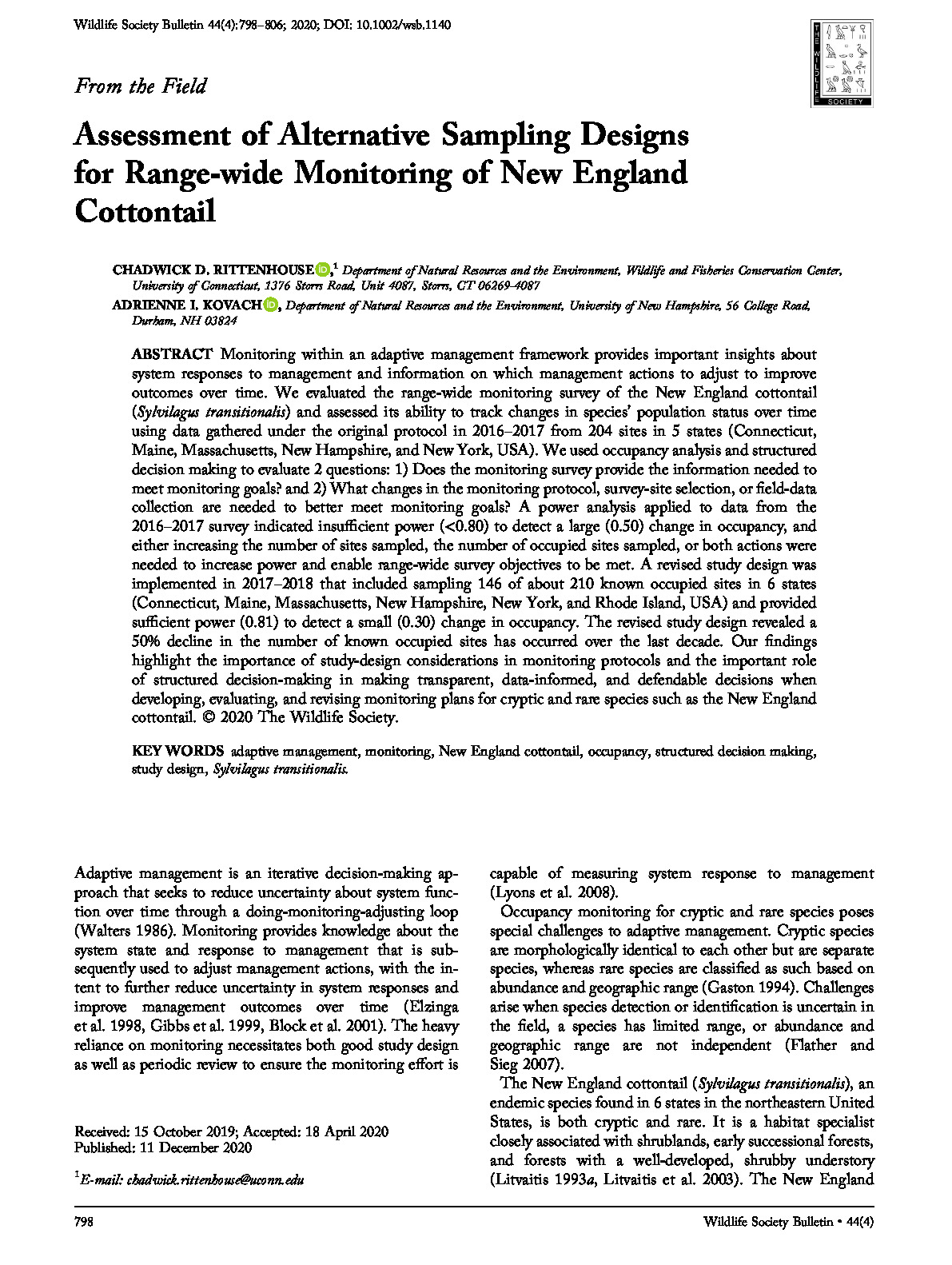 Assessment of Alternative Sampling Designs for Range-wide Monitoring of New England Cottontail