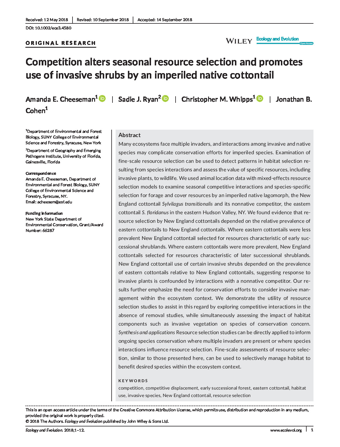 Competition Alters Seasonal Resource Selection and Promotes Use of Invasive Shrubs by an Imperiled Native Cottontail