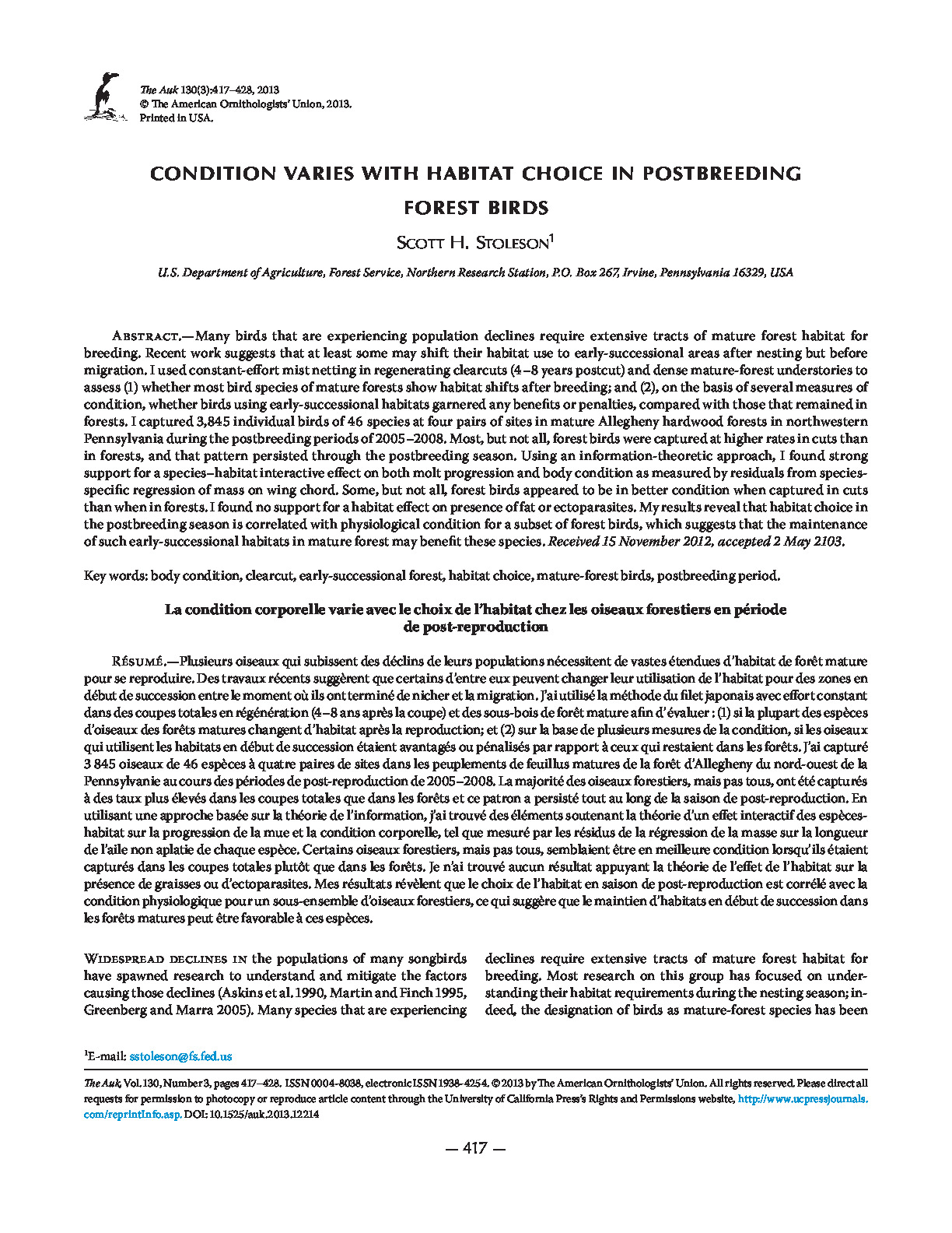 Condition Varies with Habitat Choice in Post-Breeding Forest Birds