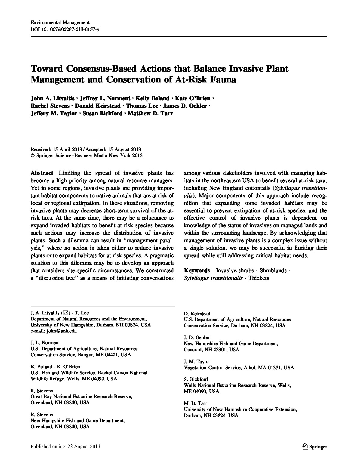 Toward Consensus-Based Actions that Balance Invasive Plant Management and Conservation of At-Risk Fauna