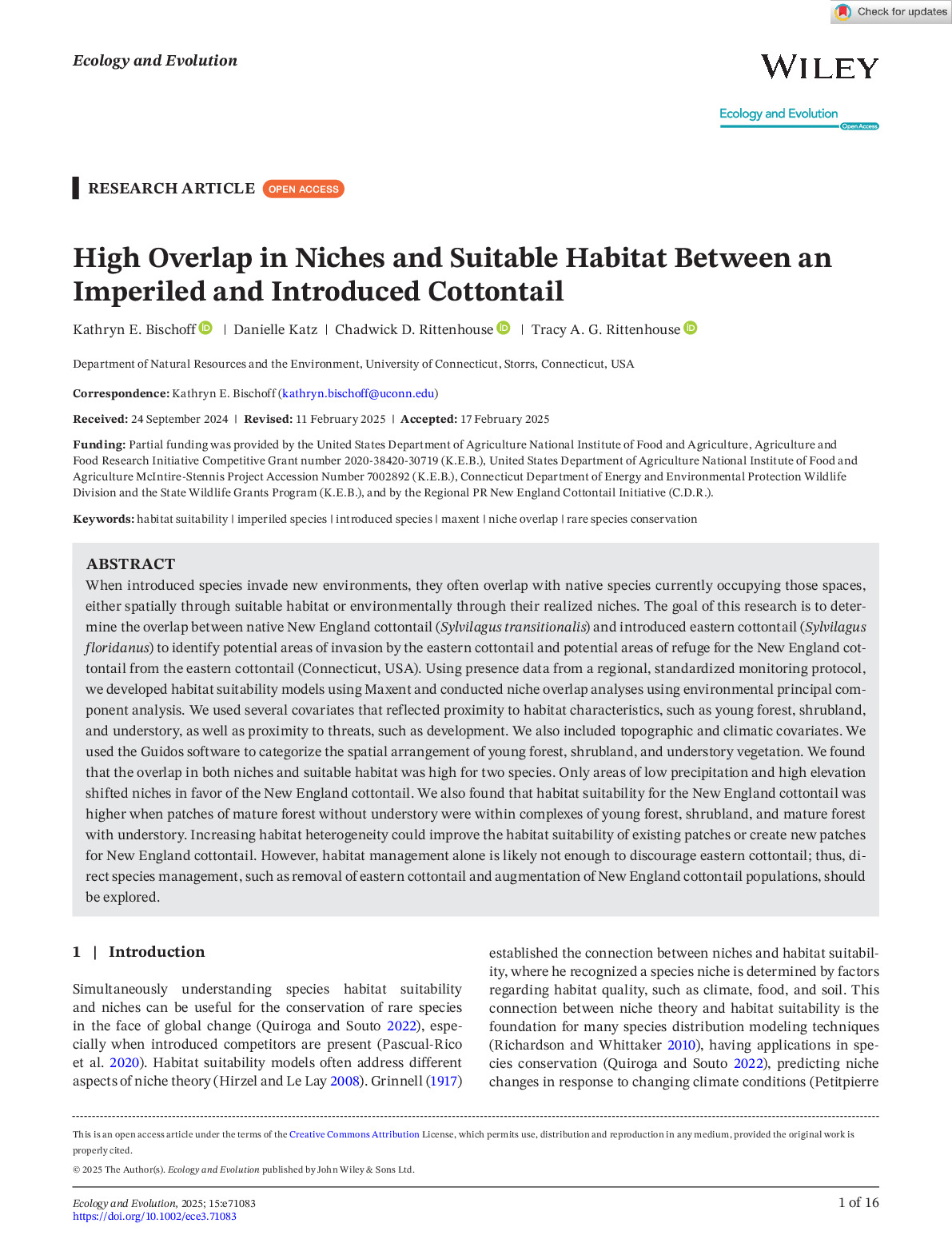High Overlap in Niches and Suitable Habitat Between and Imperiled and Introduced Cottontail