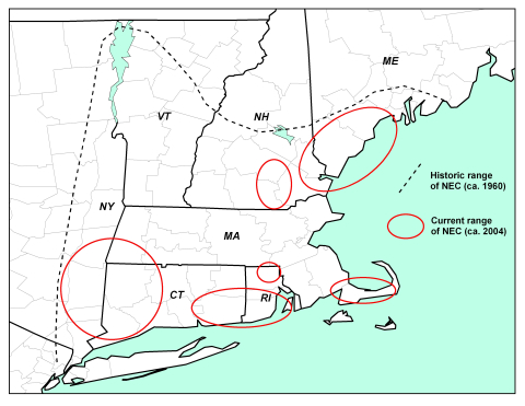 Map of historical and current range of New England cottontails